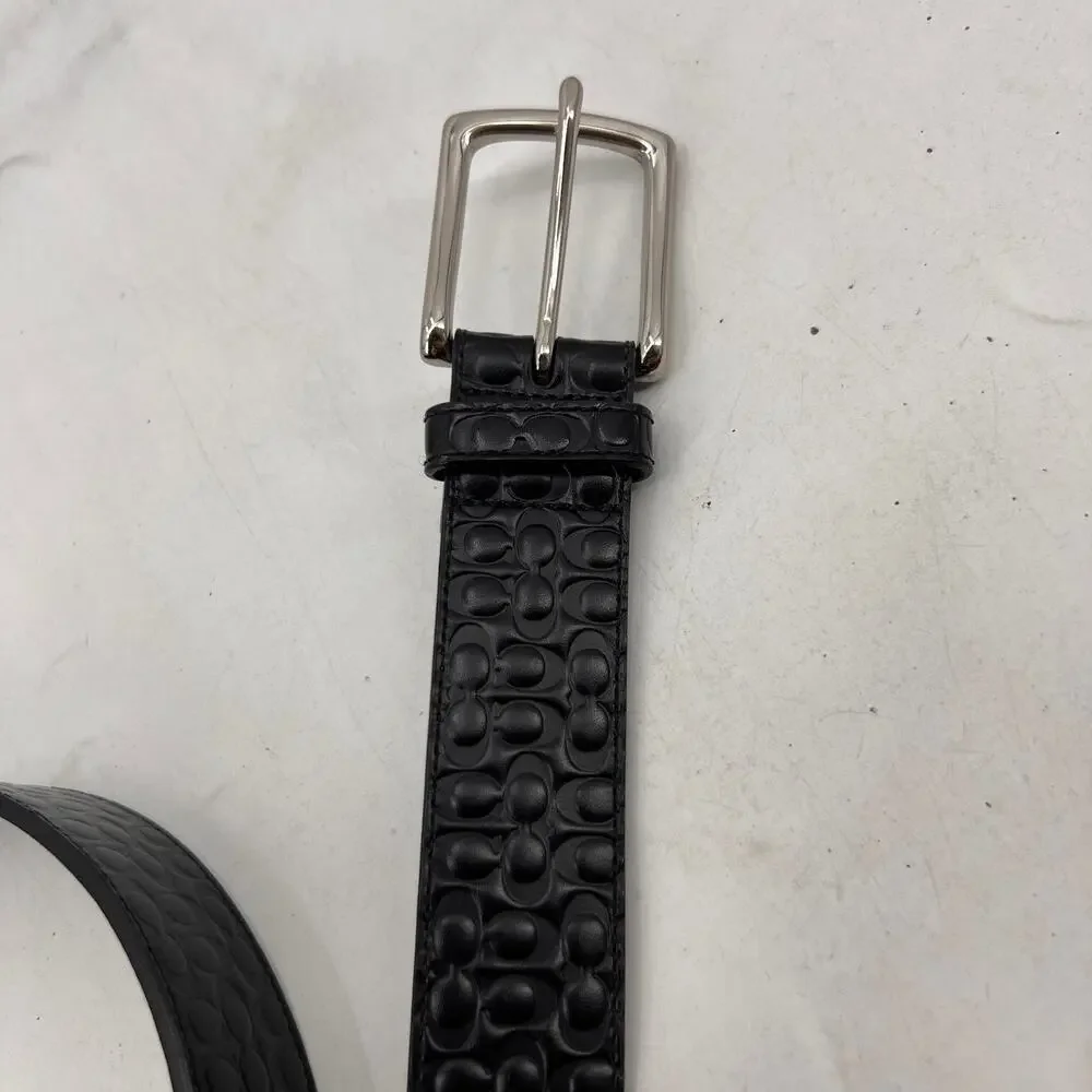 Coach Belt Mens 34 Black Textured Sig Logo Genuine Calfskin Solid Brass Buckle